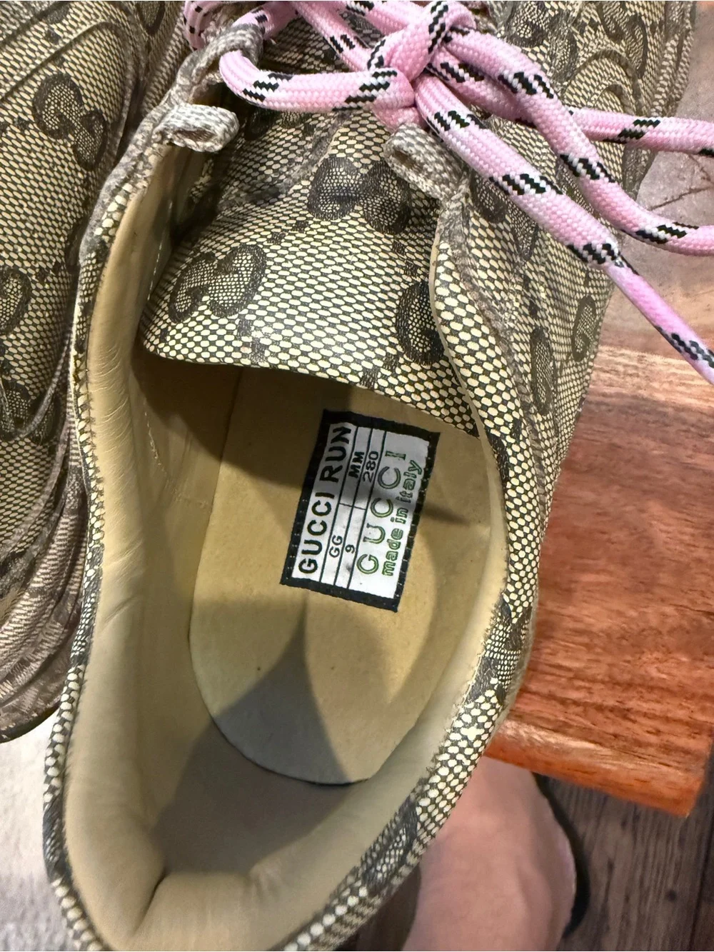 Gucci Beige Monogram Sneakers with Pink Laces